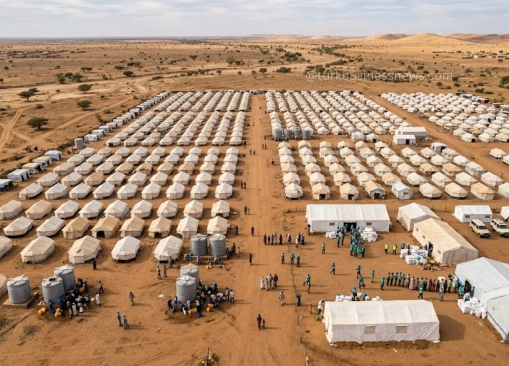 67 - Aerial view of a desert refugee camp with hundreds of white tents arranged in neat rows, dirt roads, and several large tents and water tanks nearby.