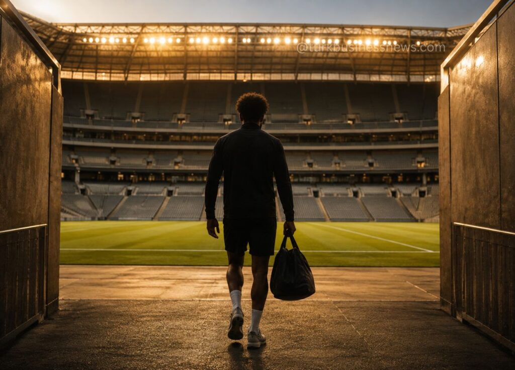 69 - A person walks toward a soccer stadium field, carrying a duffel bag, as the tunnel doors frame the scene at sunset.