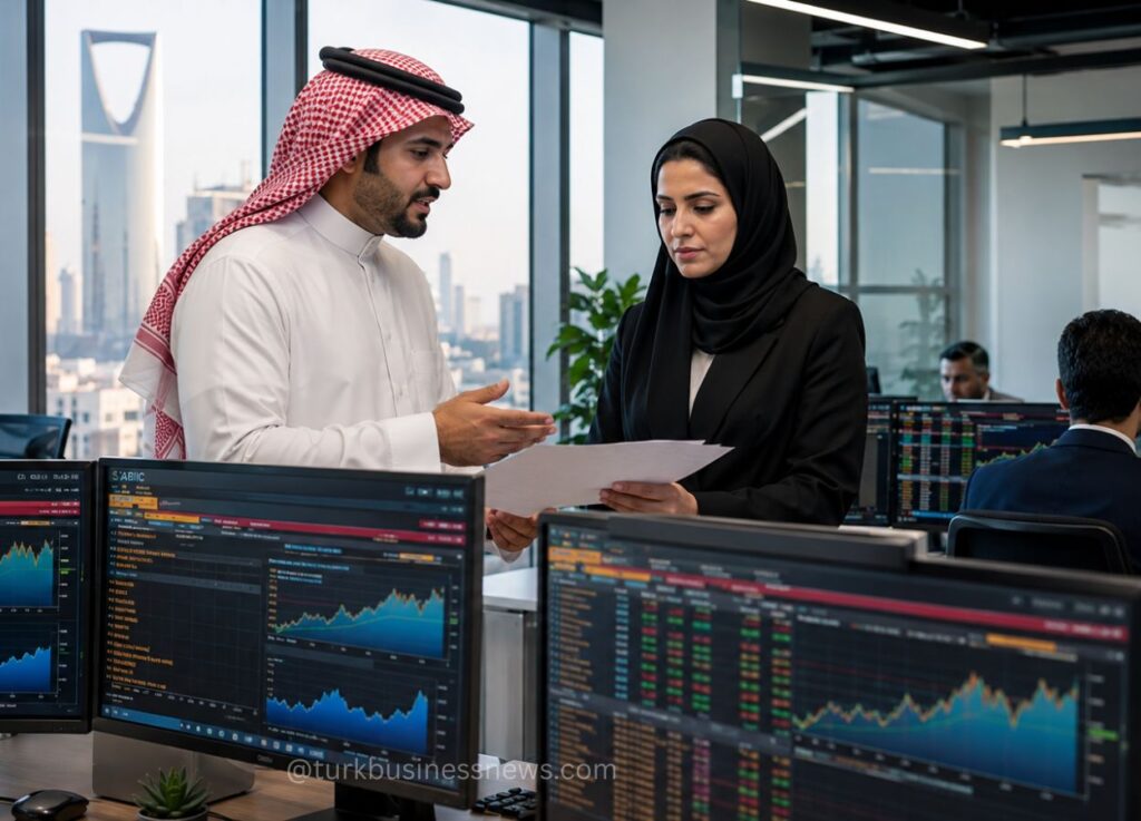 70 - Man in a white thobe and a woman in a black hijab review a document as stock charts glow on surrounding monitors.