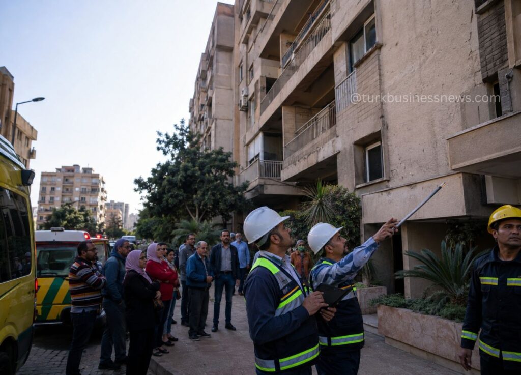 Emergency responders in helmets and reflective vests explain building safety to a group of civilians outside a multi-story residential block.