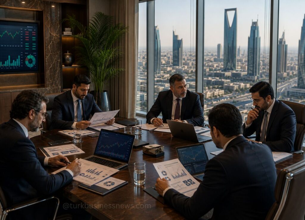 Five businessmen in a boardroom review charts and documents at a wooden table, with laptops and a city skyline through floor-to-ceiling windows.