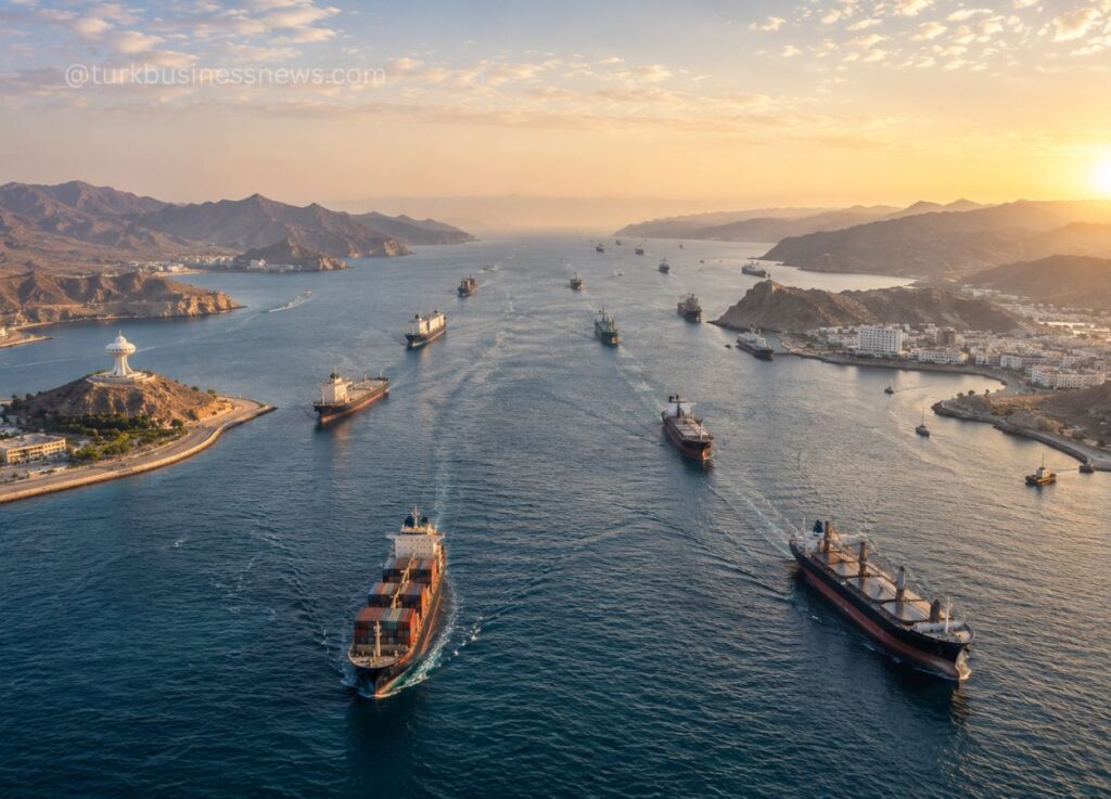 Aerial view of a busy shipping canal at sunset with numerous container ships and tankers scattered along the waterway between rocky coastlines.