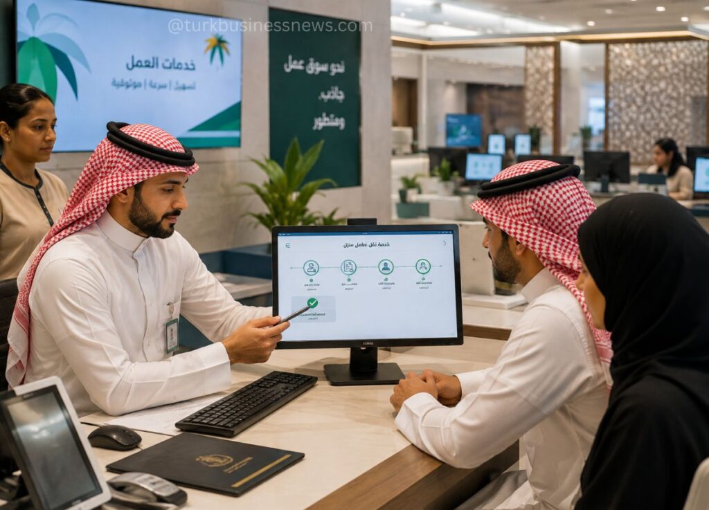 Arab man in a white thobe explains something on a computer screen to a man and woman at a service desk.