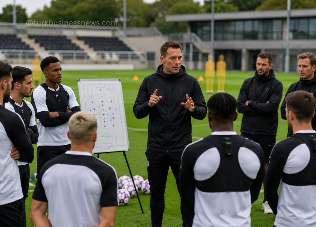 Soccer coach explains tactics to players on a training field with a whiteboard showing a lineup.