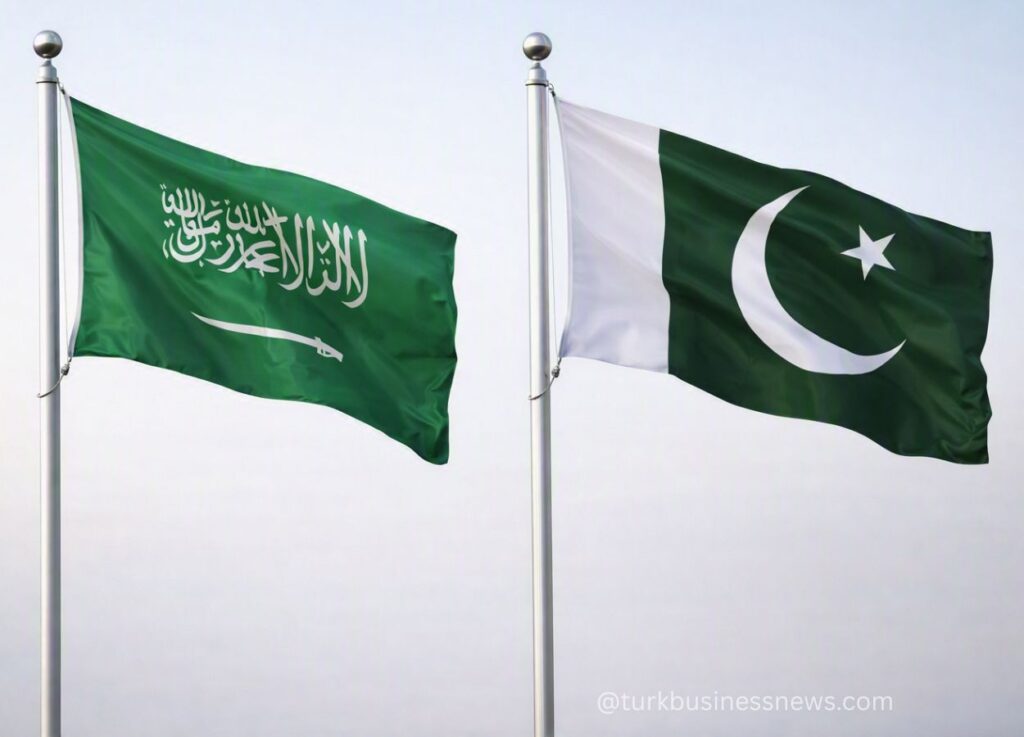 Two national flags waving on flagpoles: the Saudi Arabian flag (green with white Arabic inscription and sword) on the left and the Pakistani flag (green with white crescent and star beside a white stripe) on the right