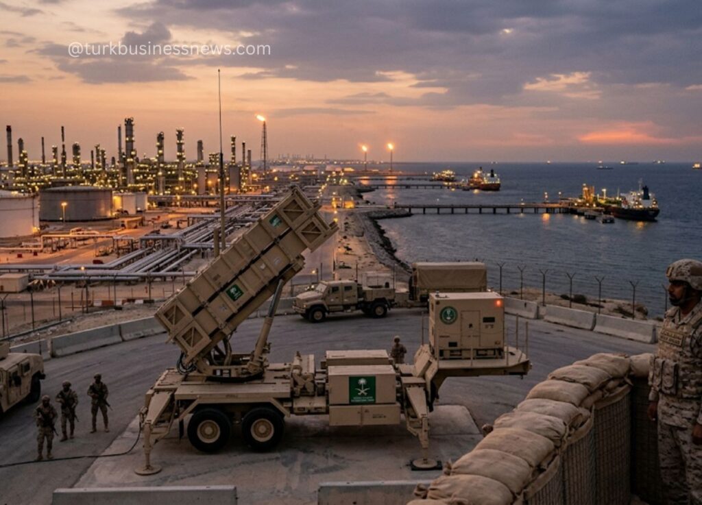 91 - Military personnel stand near a large mobile missile launcher on a concrete pad beside a coastal industrial complex at sunset.
