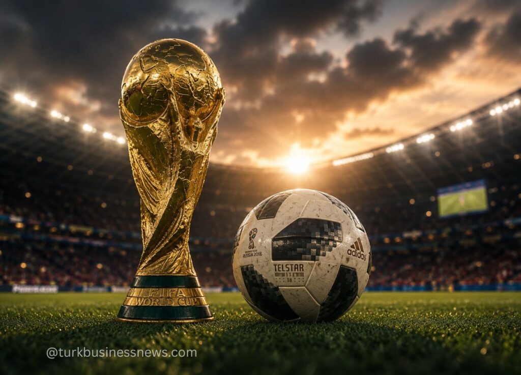 92 - Golden FIFA World Cup trophy beside a Telstar Adidas soccer ball on a grassy stadium field at sunset.