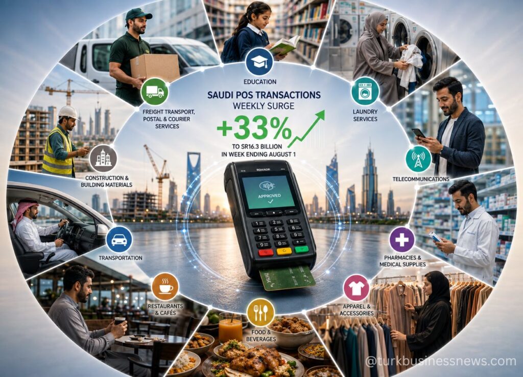 95 - Infographic showing a payment terminal at center with +33% growth in Saudi POS transactions; surrounding sectors include education, freight transport, construction, transportation, restaurants, food & beverages, apparel, pharmacies, laundry, telecommunications, all around a city skyline.