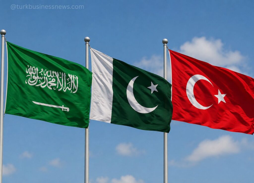 98 - Three national flags waving in the wind: Saudi Arabia, Pakistan, and Turkey against a blue sky, on flagpoles