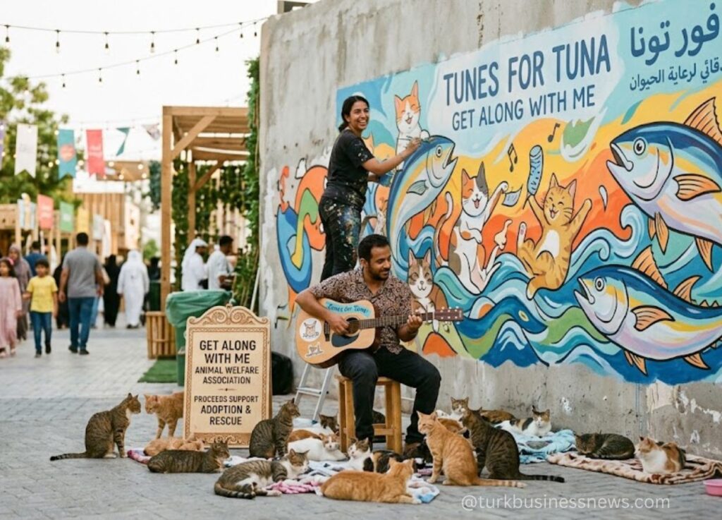 99 - Street scene with two musicians playing guitar beside a colorful mural while many cats rest on blankets nearby. A sign promotes animal welfare.