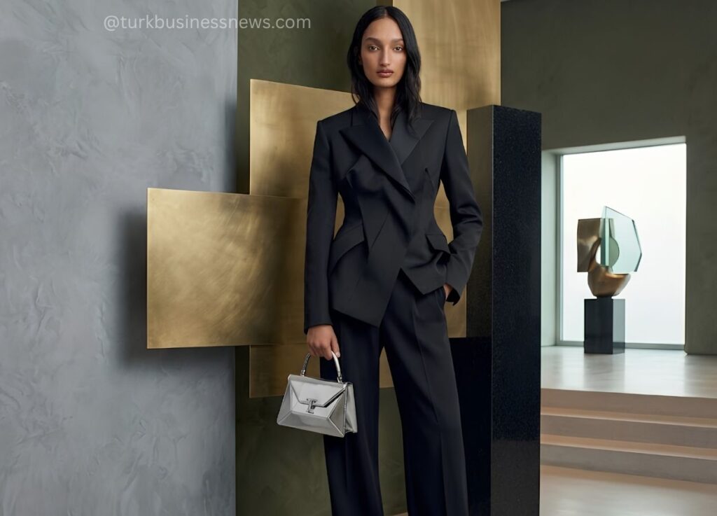 173 - Woman in a tailored black pantsuit stands beside gold geometric panels, holding a small gray handbag in a modern showroom setting.