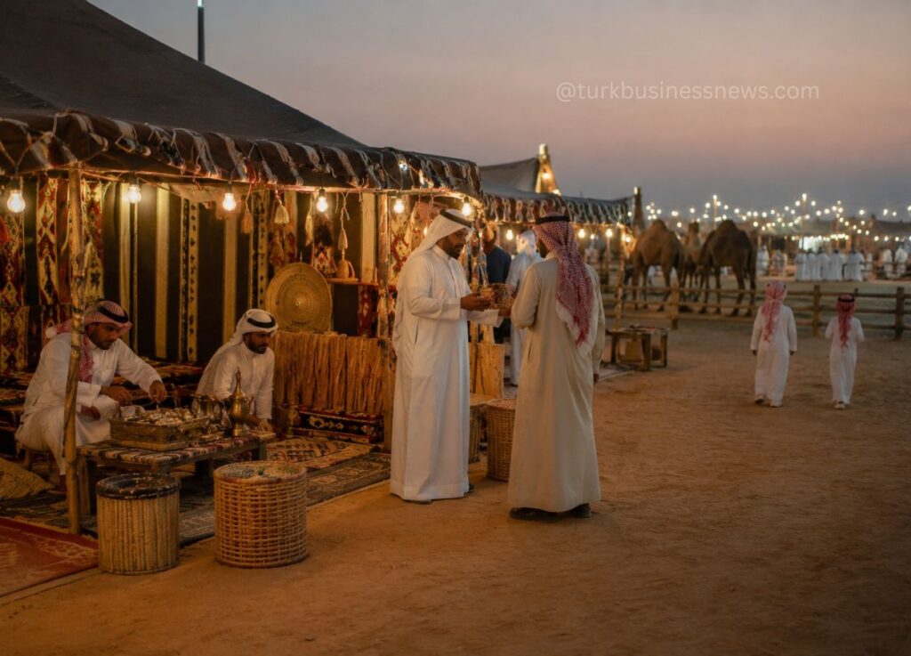 Desert market with traditional tents, warm string lights, and men in white robes chatting at a low table; camels and others in the background at dusk.