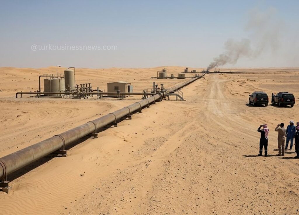 A long oil pipeline running through a sandy desert toward a distant processing area, with a few people and two cars standing nearby and steam rising from equipment in the distance.