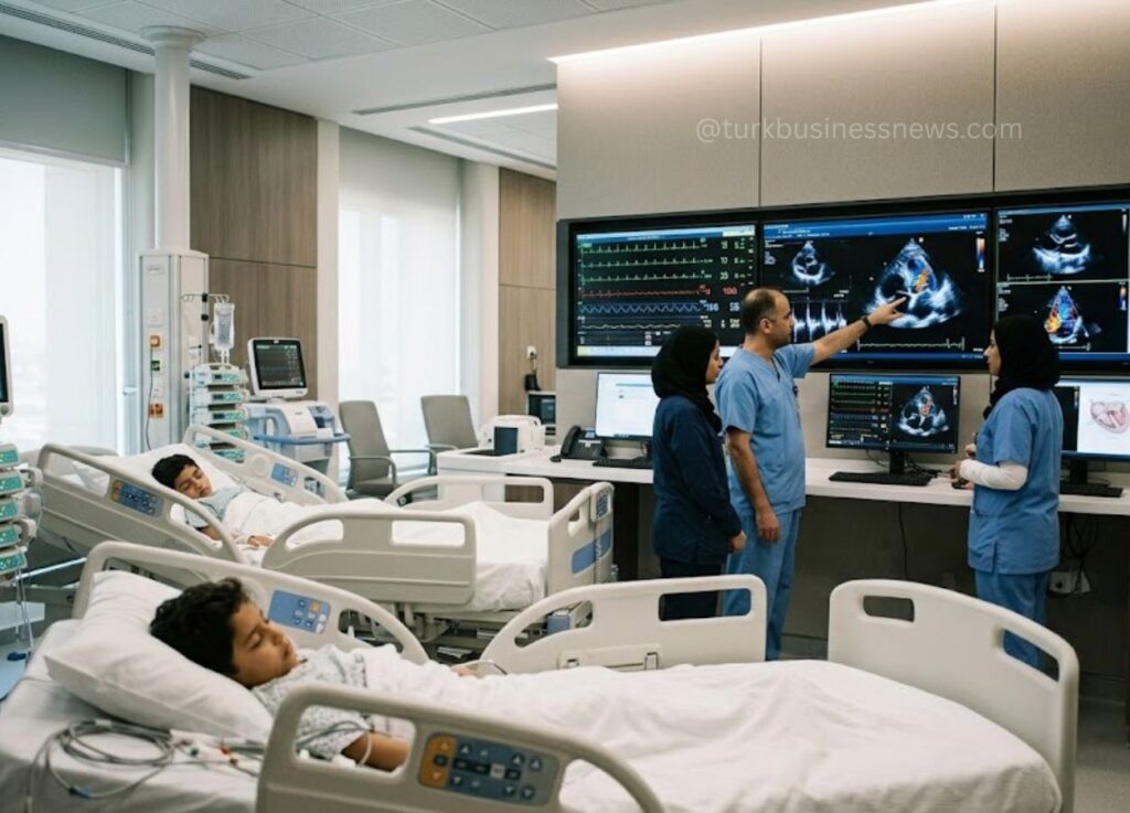 192 - Intensive care unit with patients in hospital beds while clinicians review large monitors showing heart and ultrasound images.