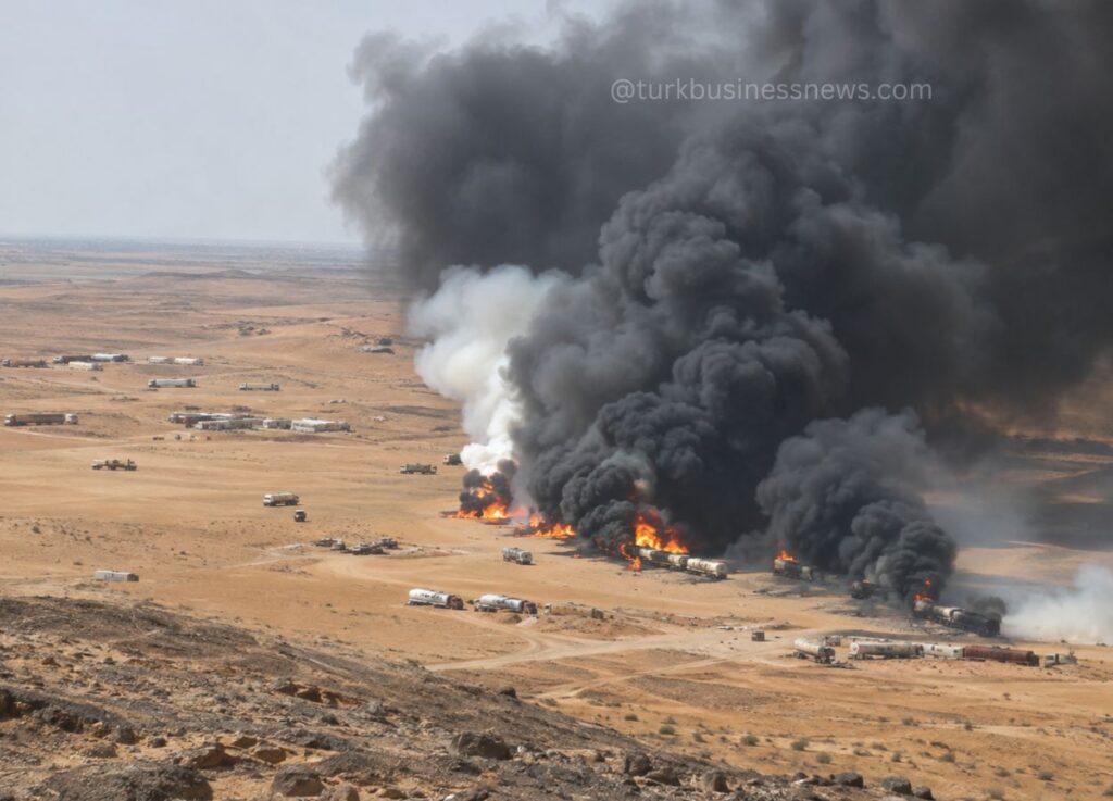 Houthi Drone Attack Security - Desert area with several fuel tankers on fire, large black smoke plumes rising into the sky.