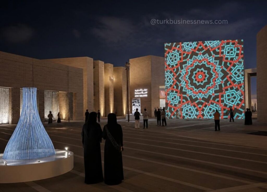 Night scene of an outdoor art installation with a glowing blue cone sculpture in the foreground and a large cube projecting a colorful geometric pattern, with people walking around.
