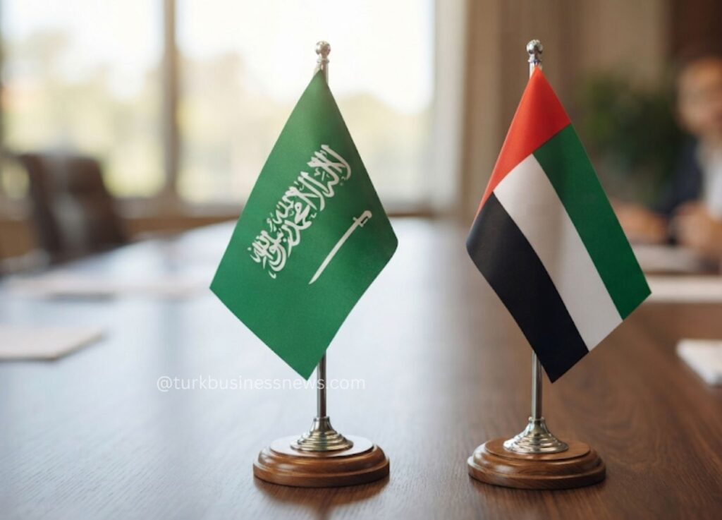 210 - Two small flags on a conference table: Saudi Arabia (green with sword) and the United Arab Emirates flag in a meeting room setting.